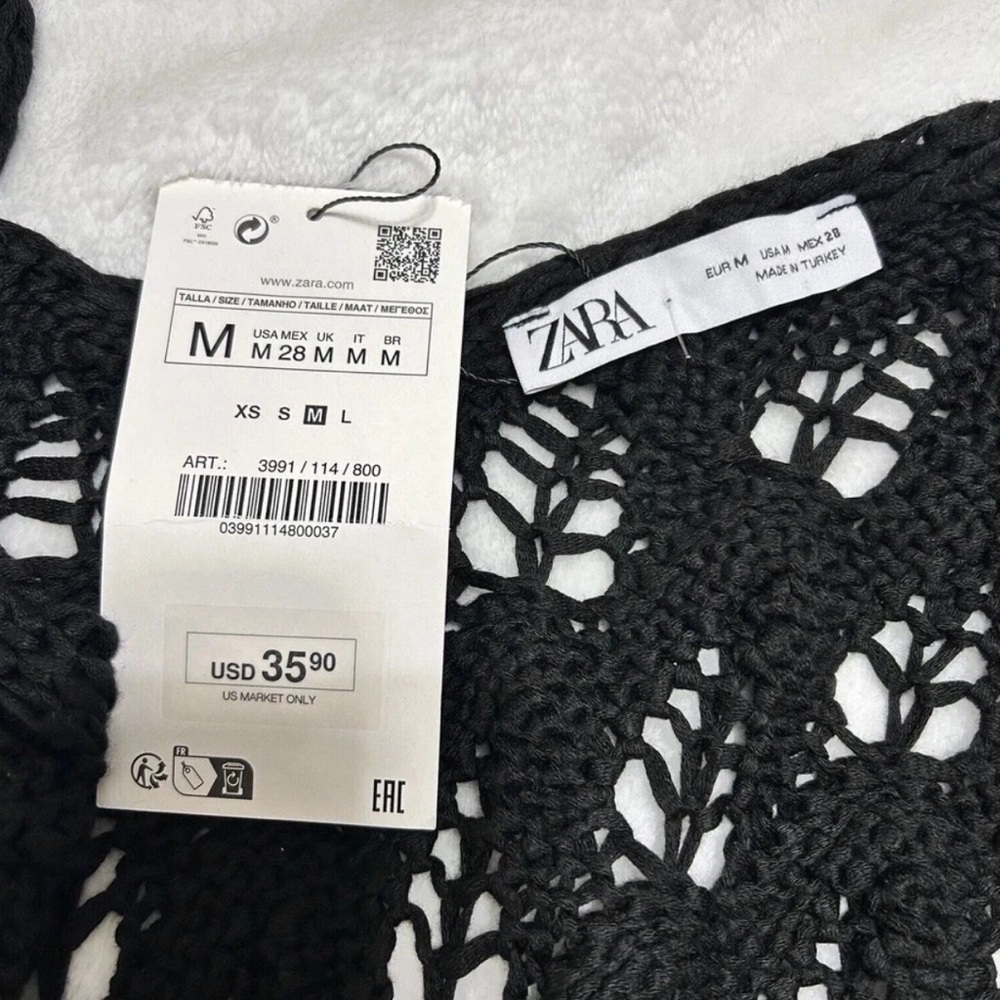 New Zara Boho Open Crochet Fringe Hem Black Festival Top Women's Size Medium - Picture 3 of 7